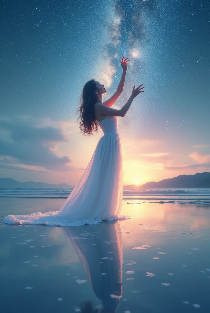 White dress,,Looking up,Hold your hands up to the sky,Beautiful and quiet sea,dawn,Night Sky,star,star,milky way,Holographic Mirror Reflection, Transparent and fantastic rainbow-colored coating, Multiple Exposure