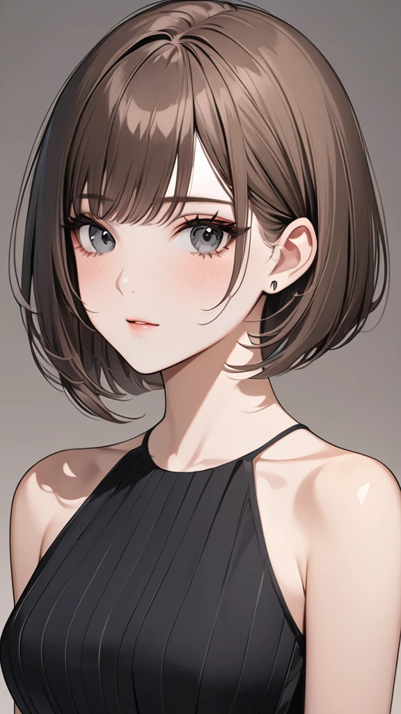 Highest quality masterpiece High resolution masterpiece Brown Bob Black Grey Eyes blunt cut