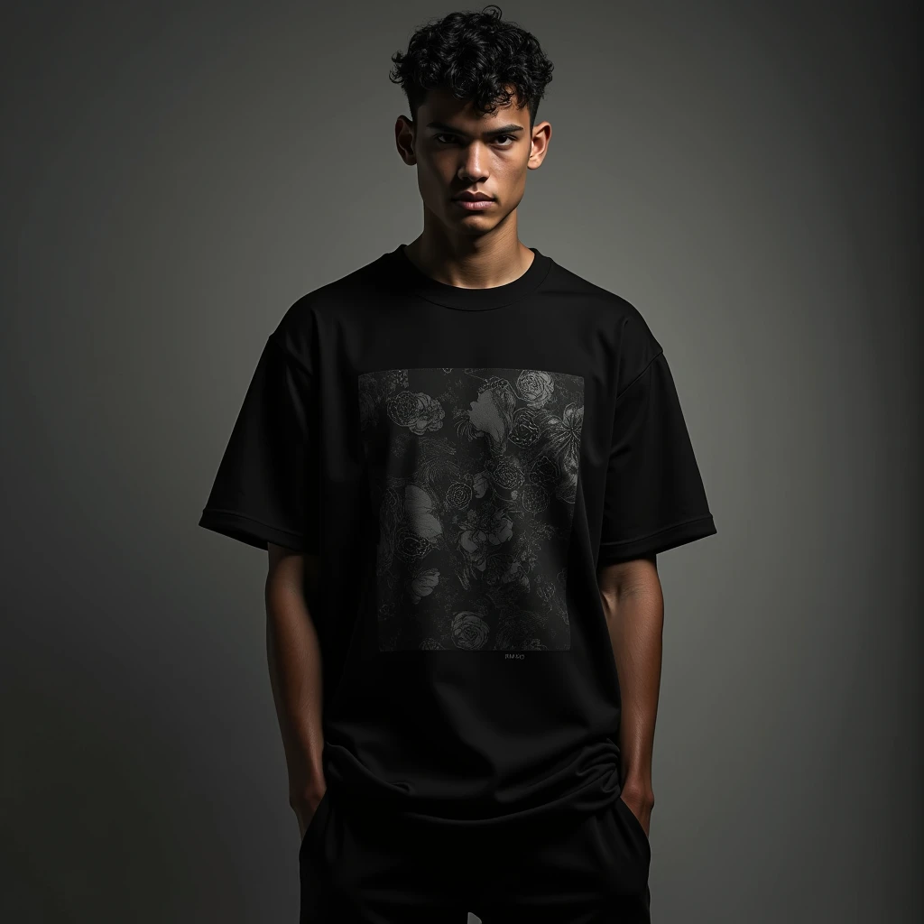 Completely facing the viewer is a fashion editorial style boy, wearing an oversized black t-shirt, the t-shirt has incorporated graphics Dark, moody patterns inspired by film noir, with dramatic lighting and sharp contrasts.. High fashion, fashion, style, editorial, magazine style, professional, highly detailed, 3d oversized t-shirt mockup, black color, streetwear style men by Virgil Abloh, NoirÉclat brand