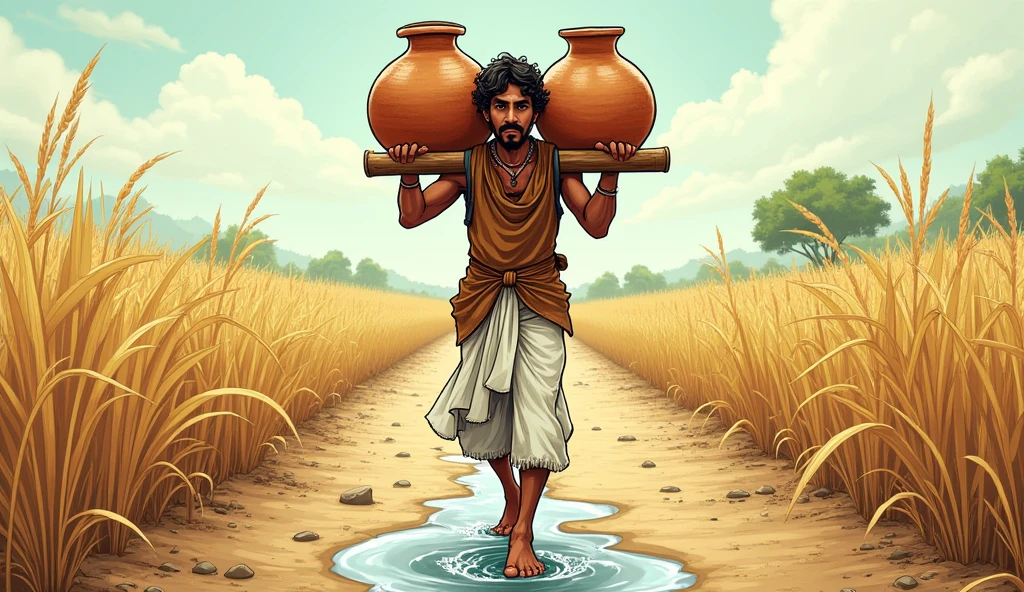 Dhruv Carrying Water from the Well
Description: In a comic style, Dhruv is shown carrying two large clay pots filled with water on a yoke across his shoulders. He’s walking from a well back to his field. His clothes remain the same—a white dhoti and a brown kurta, now slightly wet from the water splashes. The background shows a dusty path leading to his parched fields.