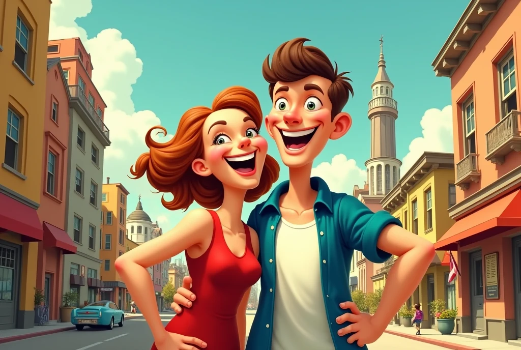 One adult male、One adult woman、Image quality reminiscent of 1930s American cartoons、Description of a happy life、couple、Popeye-like painting style、In the city