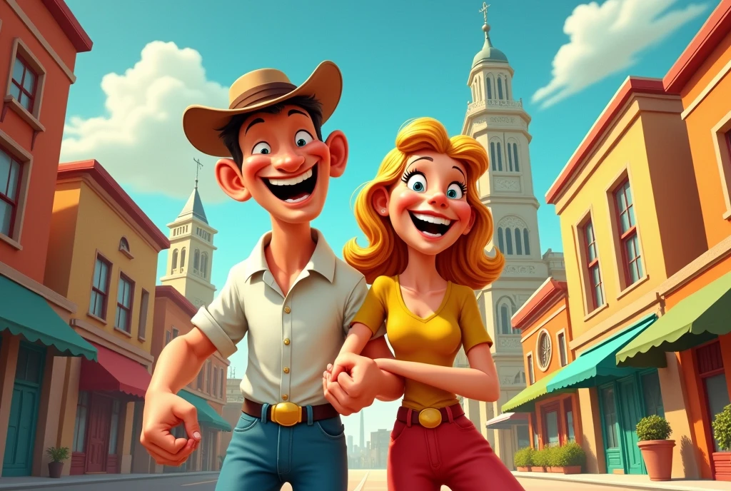 One adult male、One adult woman、Image quality reminiscent of 1930s American cartoons、Description of a happy life、couple、Popeye-like painting style、In the city