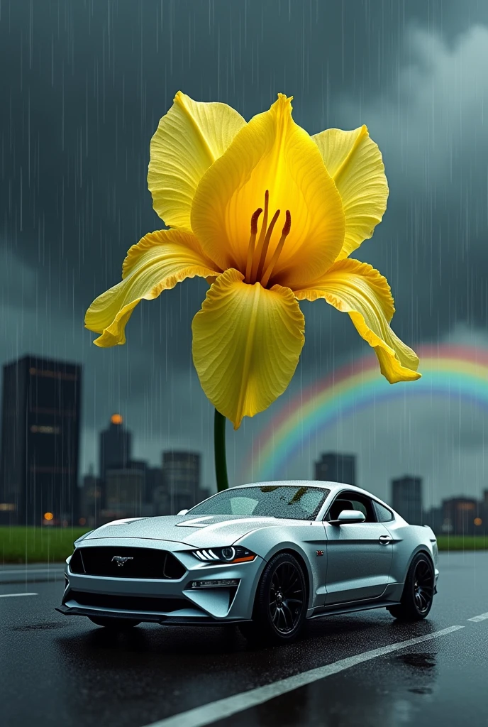 Xyris flower yellow in dark background in thunderstorm in background buildings , show flower face and Add Rain and Rainbow and add mustang sliver model on road