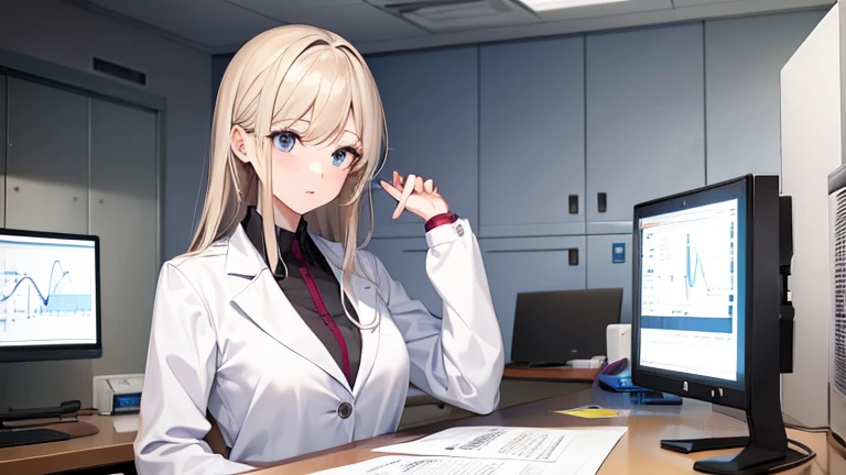 A female doctor in a white coat、Please draw an illustration of a doctor examining a patient in a hospital examination room.。The female doctor is explaining things to the patient kindly.、In the background, a desk with medical equipment and charts is depicted.。