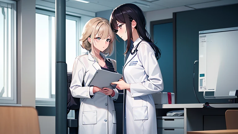 A female doctor in a white coat、Please draw an illustration of a doctor examining a patient in a hospital examination room.。The female doctor is explaining things to the patient kindly.、In the background, a desk with medical equipment and charts is depicted.。