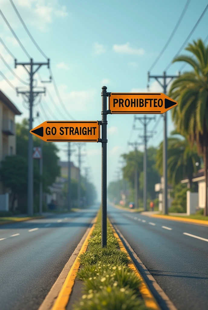 A road with two lanes and two large signs, one go straight and one direction prohibited, the text of the signs in Portuguese