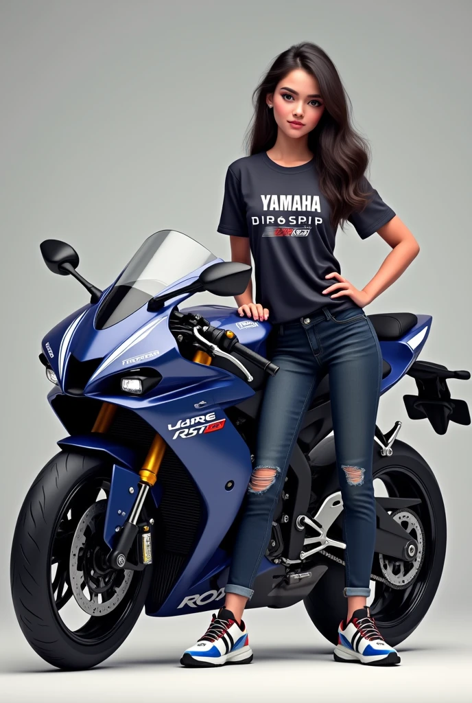 Yamaha R1 bike on the girl
Girl shirt front side name Dilshani