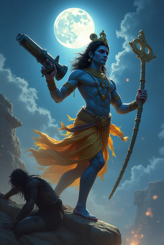 Lord krishna killing kansh with rocket launcher in the night at moon kansh begging at him for his life