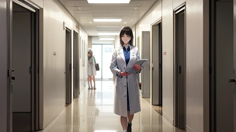 In the hospital corridor、Please draw an illustration of a female doctor in a white coat walking while checking a medical record.。The female doctor has a serious expression、On my way to my next appointment。In the background you can see hospital room doors and hospital equipment.。