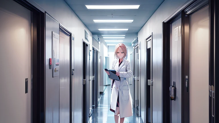 In the hospital corridor、Please draw an illustration of a female doctor in a white coat walking while checking a medical record.。The female doctor has a serious expression、On my way to my next appointment。In the background you can see hospital room doors and hospital equipment.。
