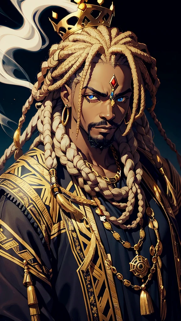 Man,African, crown, villian, dark, powerful smoker, heavy smoke exhale, dreadlocks, gold inlay, indifferent 