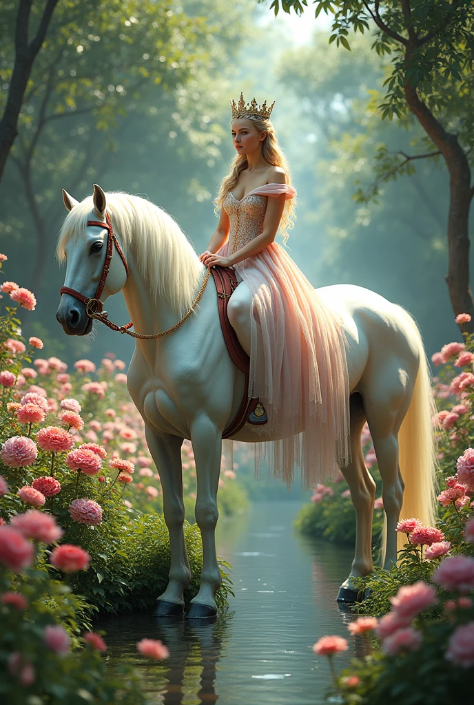 A queen seated on the Beautiful white horse in the garden with fullfill of flowers between a river