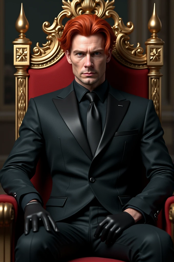 Epic realism portrait of red-haired man with black gloves and black suit sitting on a throne