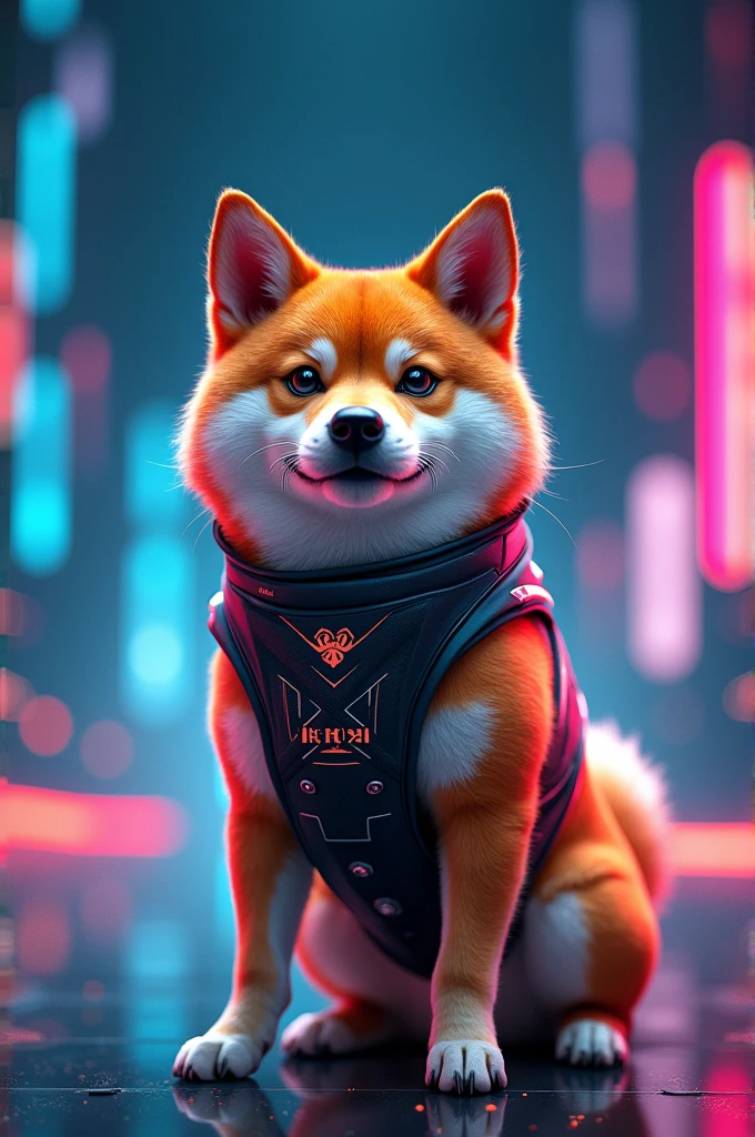 A Shiba Inu dog with a futuristic HTX logo in the background, in a digital art style