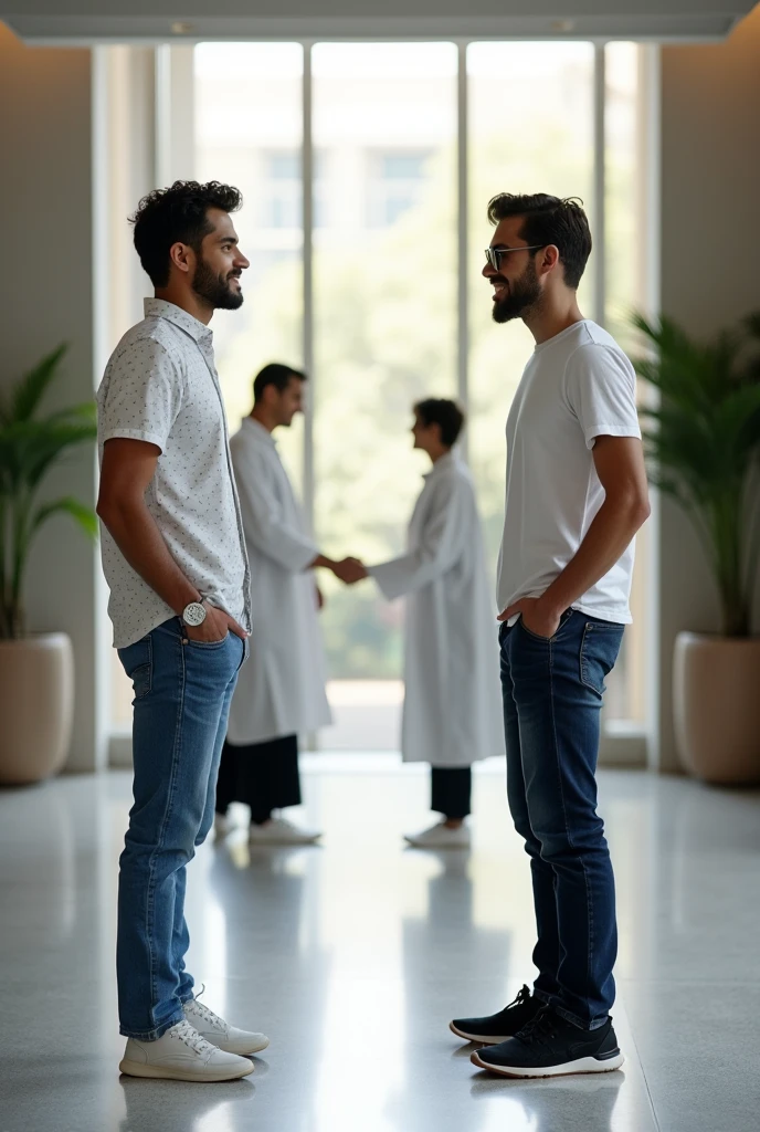 2 young men are waiting for their girlfriends in the reception area of the office, one young man is wearing a white printed shirt, jeans, white shoes and smart watch and the other is wearing a white full sleeve t-shirt, jeans, glasses and black sneakers, while the other is wearing a white Indian suit, black pallazo, white shoes and specs, his girlfriend comes