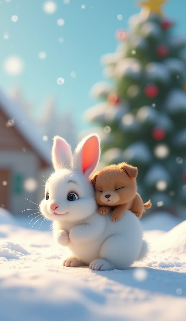 There is snow all around and snow is falling as well. There is a Christmas tree behind. The background must be clear. There is a small white coloured rabbit  who has small ears and whose eyes are very beautiful, his hair is like feathers. And there is a small dog baby is smaller than the rabbit, he is very innocent and is brown in colour. The rabbit is walking with the dog sitting on its back and the dog is sleeping sitting on the rabbit's back.image in 3d animation 