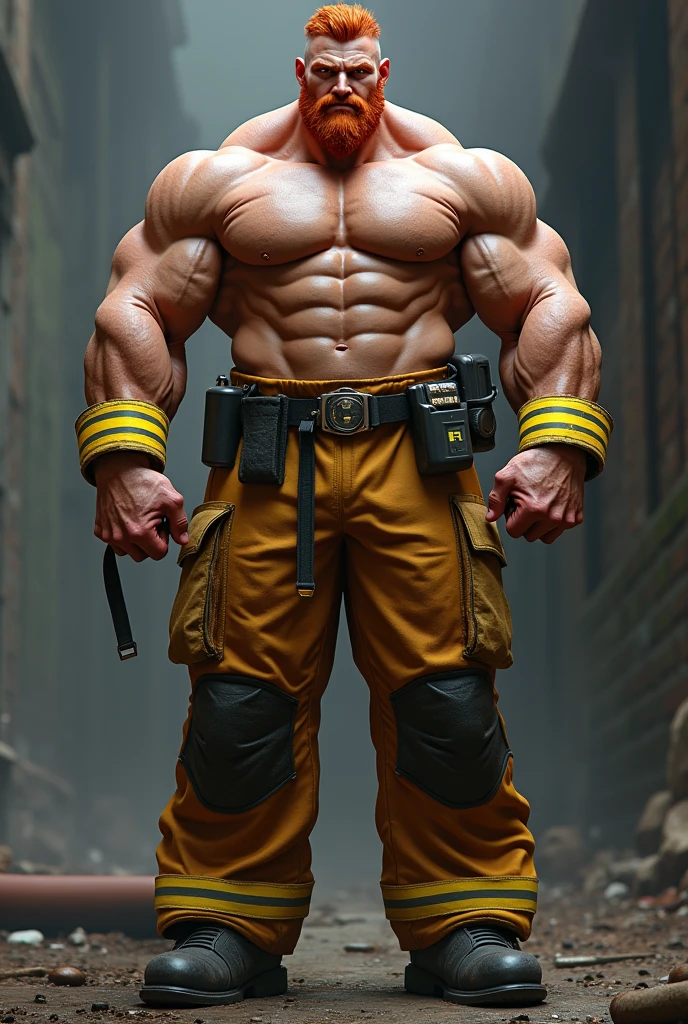 Ryder is a 6’5” absolute monster of a Caucasian bodybuilder. He is wearing a fireman’s dress uniform, which is stretched tight to accommodate his massive frame. He had deep red hair and his shoulders are three times wider than his waist