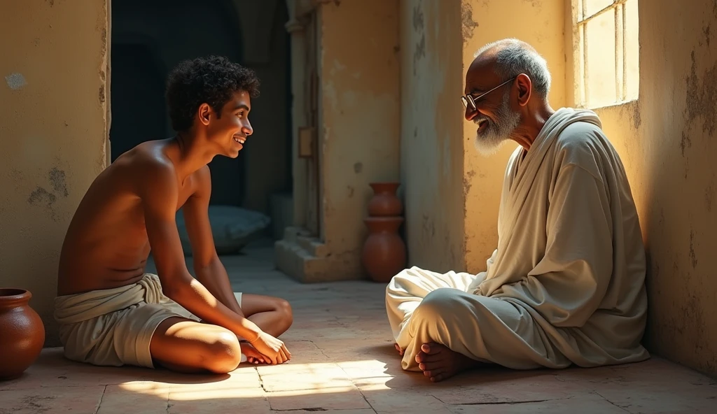 Mahatma ji and a young man are sitting in the ashram and there is a pot on the corner