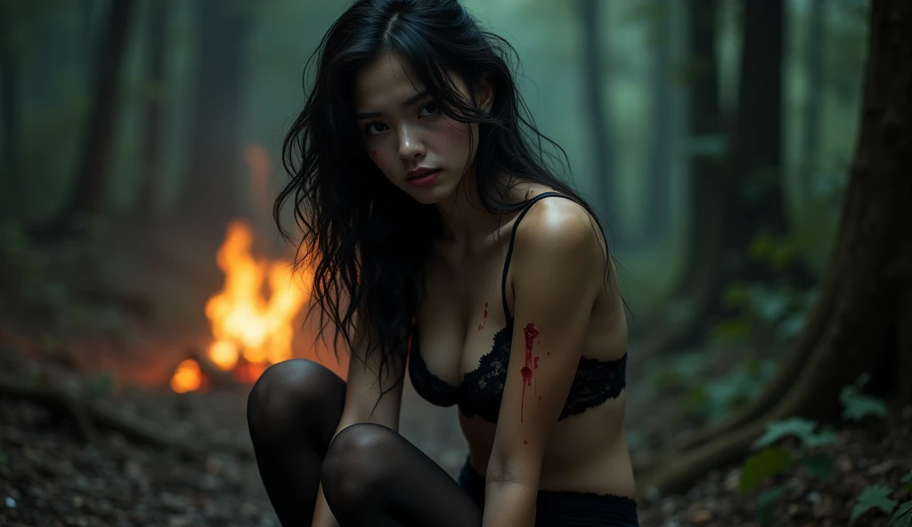 Young woman, in underwear, breast, tits, lace underwear, In the woods, fire, blood on body, black tights, Dark, stockings, cute face, is sitting, sitting, squatting, scared