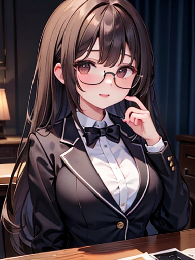 1 female、Brown haired、Brown eyes、Black-rimmed glasses、Fascinating 、Gorgeous face、Perfect body。Highest quality、Ultra-detailed、8k resolution、RAW Photos、Tabletop。Blazer Uniform。Laughter。Large Breasts