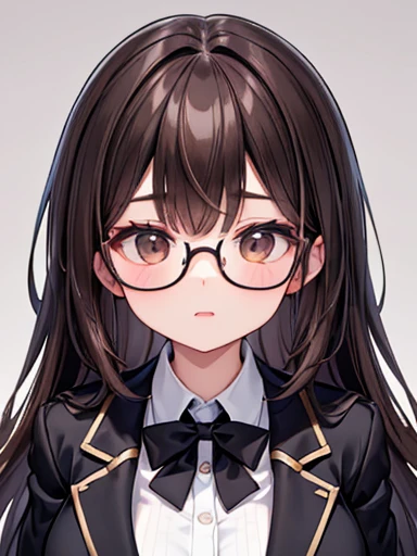 1 female、Brown haired、Brown eyes、Black-rimmed glasses、Fascinating 、Gorgeous face、Perfect body。Highest quality、Ultra-detailed、8k resolution、RAW Photos、Tabletop。Blazer Uniform。Laughter。Large Breasts