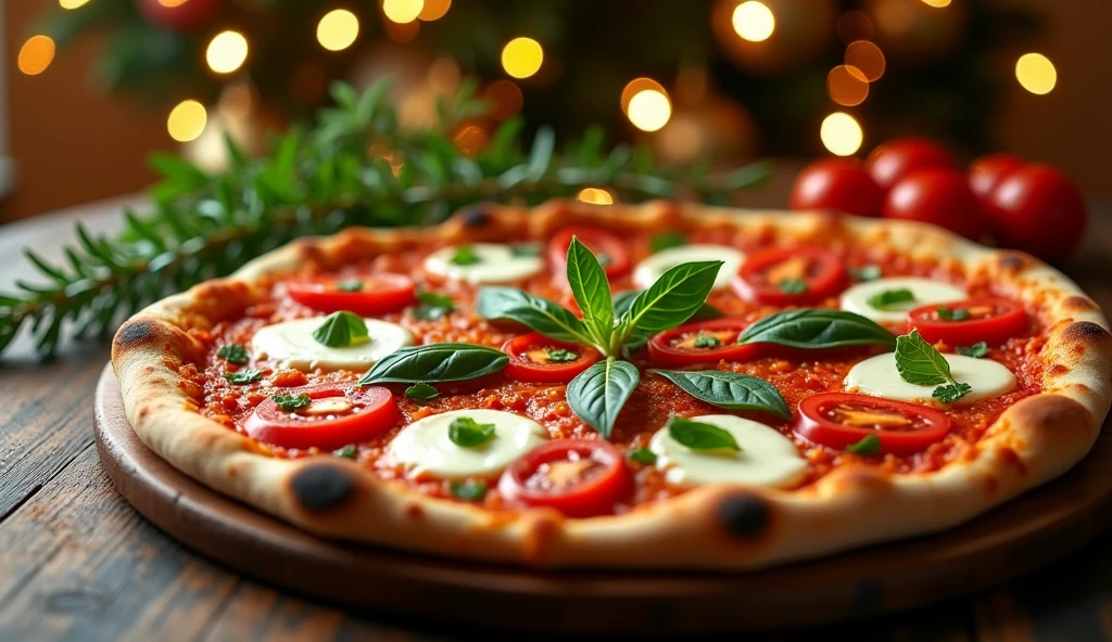 "A stunning photograph of a Pizza Margherita with a thin, crispy crust, fresh mozzarella, tomatoes, and basil, garnished with a sprig of rosemary. The pizza could be placed in front of a festive backdrop like a Christmas tree or a New Year's Eve celebration."