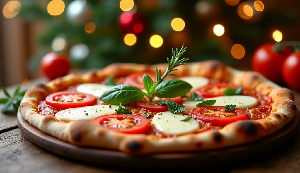 "A stunning photograph of a Pizza Margherita with a thin, crispy crust, fresh mozzarella, tomatoes, and basil, garnished with a sprig of rosemary. The pizza could be placed in front of a festive backdrop like a Christmas tree or a New Year's Eve celebration."