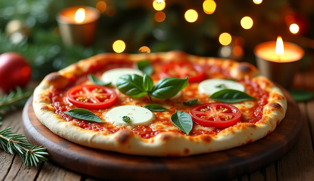 "A stunning photograph of a Pizza Margherita with a thin, crispy crust, fresh mozzarella, tomatoes, and basil, garnished with a sprig of rosemary. The pizza could be placed in front of a festive backdrop like a Christmas tree or a New Year's Eve celebration."