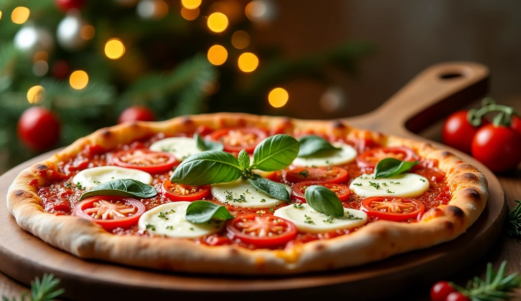 "A stunning photograph of a Pizza Margherita with a thin, crispy crust, fresh mozzarella, tomatoes, and basil, garnished with a sprig of rosemary. The pizza could be placed in front of a festive backdrop like a Christmas tree or a New Year's Eve celebration."