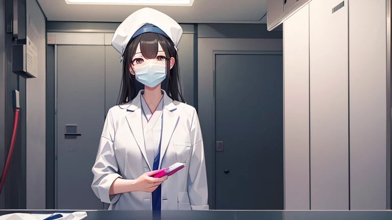 A female doctor in a white coat、Please draw an illustration of preparations being made in front of an operating theatre.。The female doctor wears a surgical cap and mask、A concentrated expression as he prepares for surgery。The background depicts an operating room door and disinfectant.。