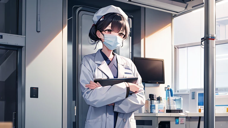A female doctor in a white coat、Please draw an illustration of preparations being made in front of an operating theatre.。The female doctor wears a surgical cap and mask、A concentrated expression as he prepares for surgery。The background depicts an operating room door and disinfectant.。