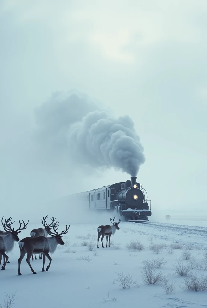 train in snowy fog plain and huge lake.and a lot of reindeers