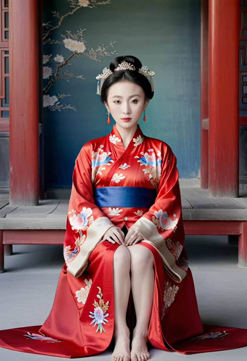 Empress of the Qing Dynasty, A nude woman wearing a red floral Hanfu jacket, Squat down with your legs wide apart, Front view, Inside the Qing Dynasty Palace