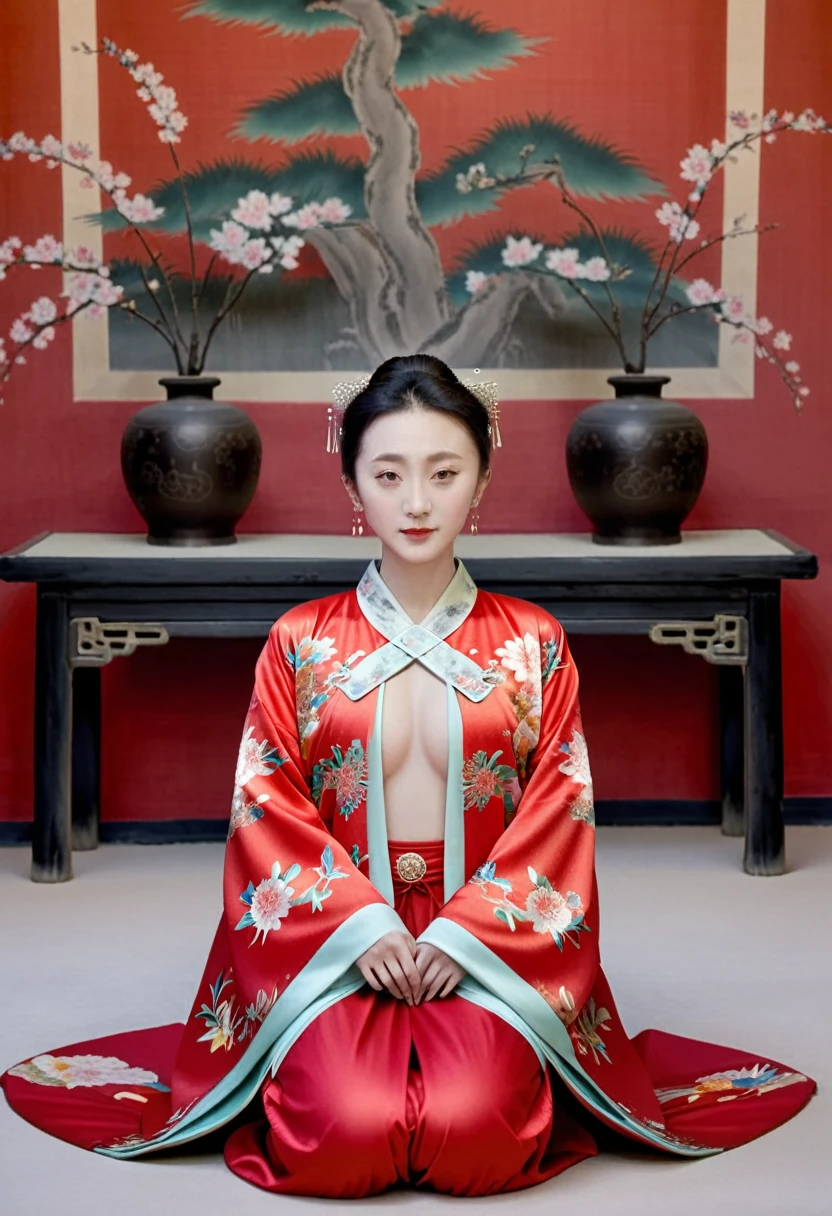 Empress of the Qing Dynasty, A nude woman wearing a red floral Hanfu jacket, Squat down with your legs wide apart, Front view, Inside the Qing Dynasty Palace