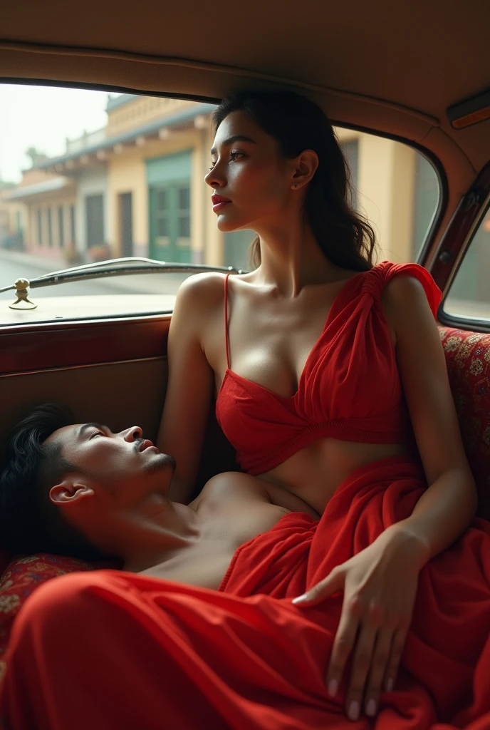 A woman is with his read saree, navel sitting car in a towan and a men is sleeping under her leg