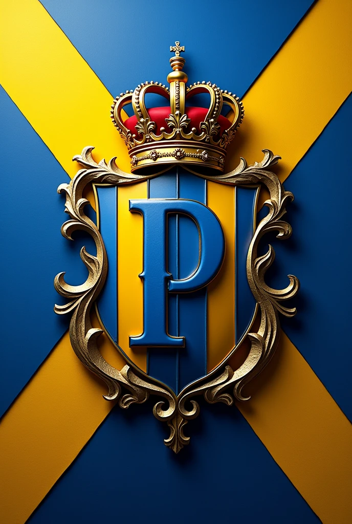 Generate an image of a kingdom's coat of arms with a crown, the letter "P" and blue and yellow stripes