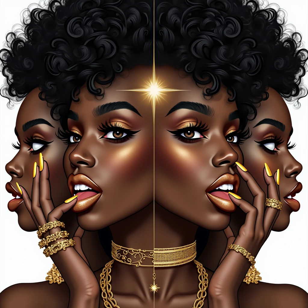 A piece of artwork with a blend of black, white, and golden tones. The artwork contains four illustrations of a black woman. The first illustration shows her face, with her tongue out and her nails painted gold. She is wearing a gold necklace and a gold bracelet. The second illustration shows her hand, with her nails painted gold and her fingers covered in rings. She is holding a gold chain. The third illustration shows her neck and chest, with her wearing a gold necklace and a gold pendant. The fourth illustration shows her back, with her hair in a ponytail and her wearing a gold necklace and a gold bracelet.