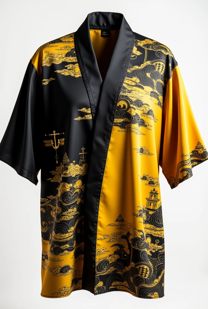 A black and yellow silk Shirt with Japanese inspired patterns and a tiny anchor on the left side
