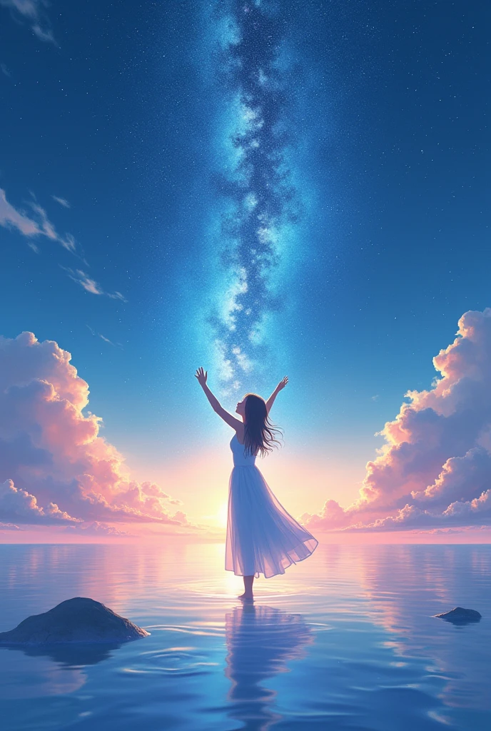 White dress,,Looking up,Hold your hands up to the sky,Beautiful and quiet sea,dawn,Night Sky,star,star,milky way,Holographic Mirror Reflection, Transparent and fantastic rainbow-colored coating, Multiple Exposure,Makoto Shinkai style,Distant View