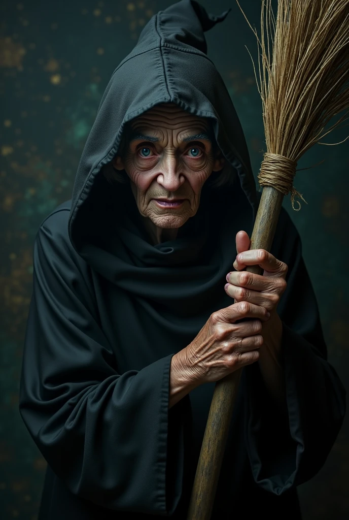 An original witch, Spotlight, face with wrinkles, broom in hand, black clothing, withered eyes, reflection in the face of evil, atmosphere of the time when the witches were conceived, high quality image
