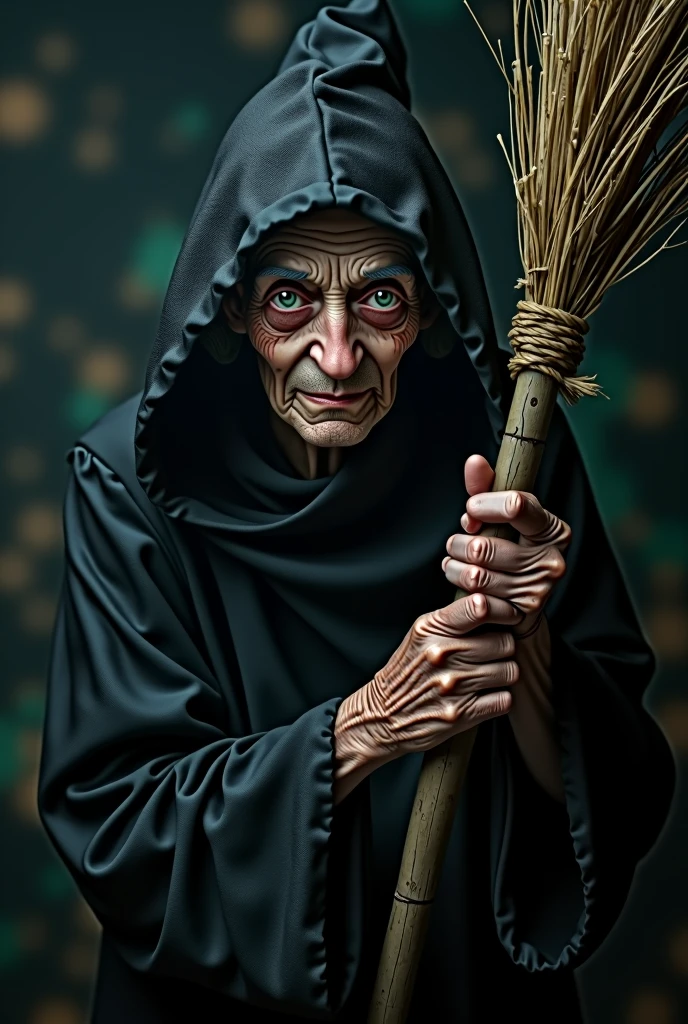 An original witch, Spotlight, face with wrinkles, broom in hand, black clothing, withered eyes, reflection in the face of evil, atmosphere of the time when the witches were conceived, high quality image