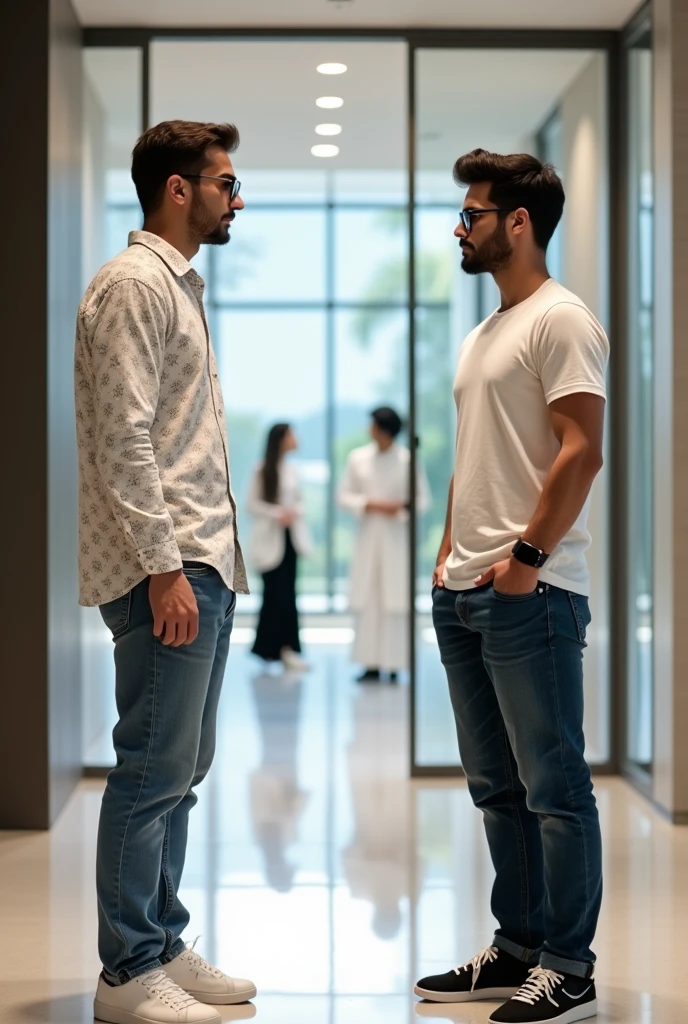 2 young men are waiting for their girlfriends in the reception area of the office, one young man is wearing a white printed shirt, jeans, white shoes and smart watch and the other is wearing a white full sleeve t-shirt, jeans, glasses and black sneakers, while the other is wearing a white Indian suit, black pallazo, white shoes and specs, his girlfriend comes