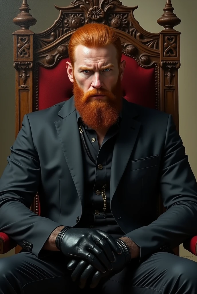 Epic realism portrait of bearded redhead man with black gloves and black suit sitting on a throne
