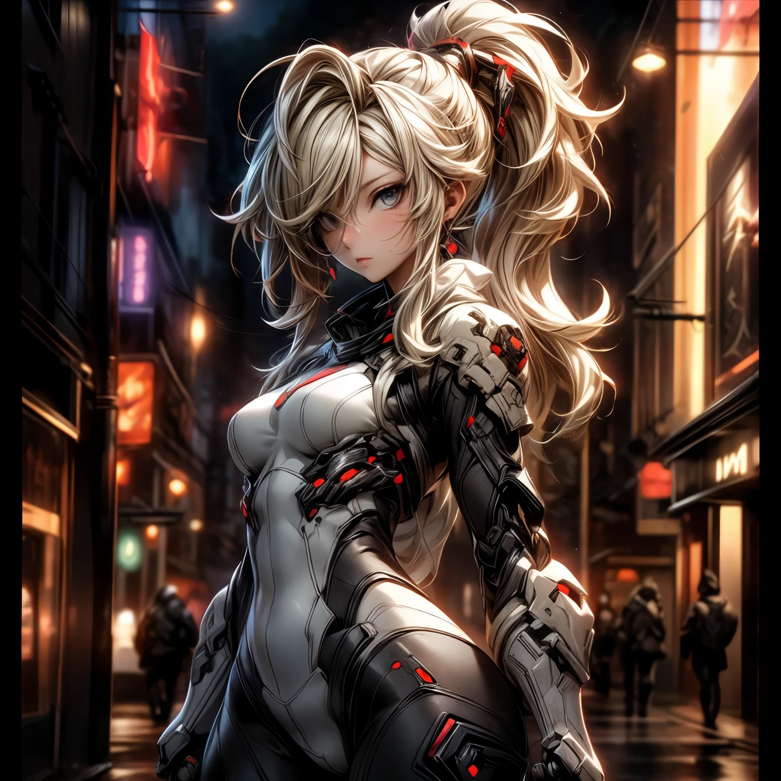 (best quality)), ((Masterpiece)), (details:1.4), 3d, HDR (high dynamic range), an image of a beautiful cyberpunk female, Hips up, Blonde hair, High ponytail, beautiful White eyes, จมูกโด่ง, ปากแดง, หน้าอกใหญ่, nvidia RTX, PBR surface, After processing, Anisotropic filtration,depth of field, Maximum clarity and clarity, multi-layered surface, Subsurface scattering, perfect proportions, 8K raw files, ultra detailed, Perfect proportions, volumetric lighting, soft lighting, battle suit, Heavy red armor, glossy skin, City background, jewely, ต่างหู, นิ้วมือสมบูรณ์,