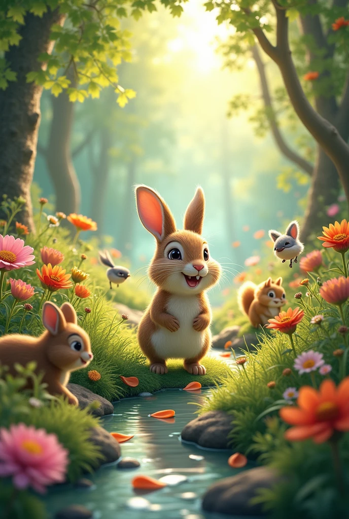 “A rabbit and his forest friends happily exploring and enjoying a magical garden filled with flowers and streams.”