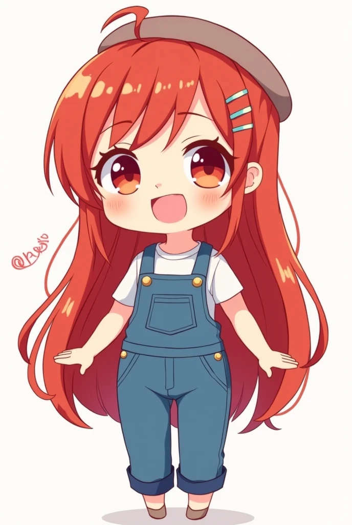 Chibi style asian girl with long red hair wearing denim jumper pants and have a hair clips bini ph mikha
