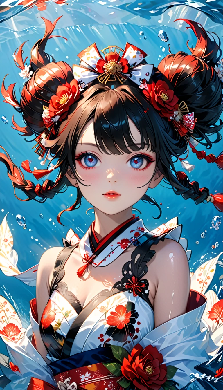 Ink painting, (((1 girl )), (((Oiran))), (((Great hair accessories))), Demon possession, ((Eye patch over:1.3)), (((Masterpiece、Highest image quality、Highest quality、Extremely detailed unit 8kWall paper))), ((Illustration of one girl、Upper body covered))、(((beautiful girl))), girl swimming underwater, Very detailed presentation style, It shines, Red Rose, light blue, brushwork, Ultra Realistic Oil Painting, Bright eyes, Head up close, Exaggerated perspective, Tyndall effect, drop of water, rainbow pearl, 3d white, black background,
