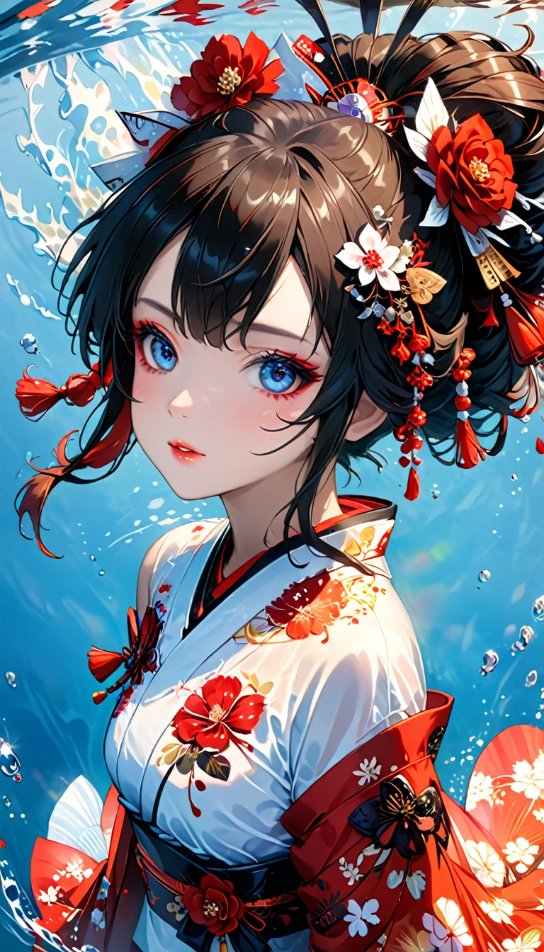 Ink painting, (((1 girl )), (((Oiran))), (((Great hair accessories))), Demon possession, ((Eye patch over:1.3)), (((Masterpiece、Highest image quality、Highest quality、Extremely detailed unit 8kWall paper))), ((Illustration of one girl、Upper body covered))、(((beautiful girl))), girl swimming underwater, Very detailed presentation style, It shines, Red Rose, light blue, brushwork, Ultra Realistic Oil Painting, Bright eyes, Head up close, Exaggerated perspective, Tyndall effect, drop of water, rainbow pearl, 3d white, black background,