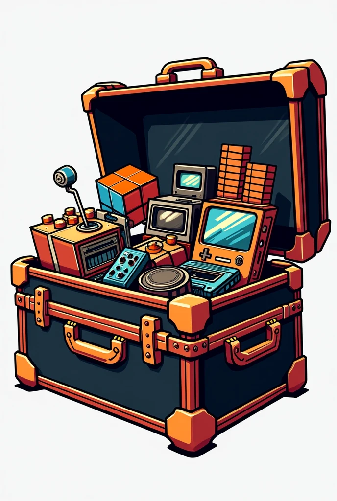 Trunk logo with 80s toys with transparent background in black and orange, copper details