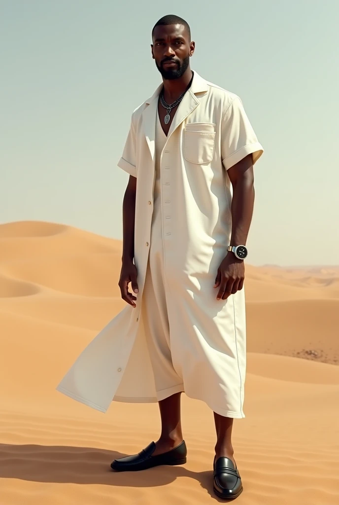 Strong forty year old black man, very elegant and sophisticated, with a goatee, white undershirt, with lapel style pocket in the long LINE swag model, short-sleeved, with the image of Moses opening the red sea.
Italian loafer shoes The model is in a desert